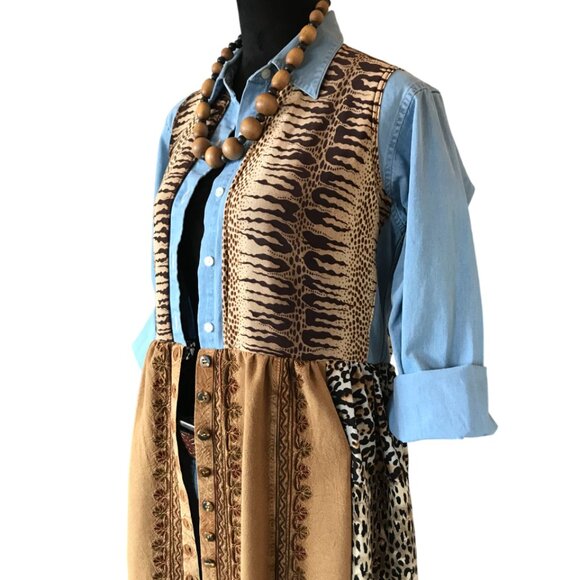 Patchwork Duster Jacket Dress, M: Upcycled Animal Print Button-Down Boho Kaftan - Picture 5 of 13